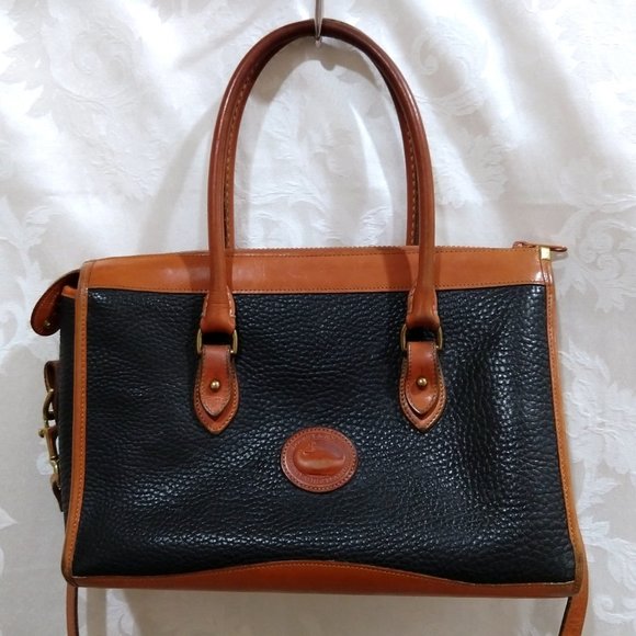 Vintage 80s Dooney & Bourke USA Brown Black Pebbled Leather Shoulder Satchel Bag - Picture 2 of 15